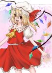  1girl ascot bangs blonde_hair commentary_request cowboy_shot crystal eyebrows_visible_through_hair fang flandre_scarlet frilled_shirt_collar frilled_skirt frilled_sleeves frills hair_between_eyes hat hat_ribbon long_hair looking_at_viewer mob_cap one_side_up open_mouth puffy_short_sleeves puffy_sleeves red_eyes red_ribbon red_skirt red_vest ribbon shirt short_sleeves skirt smile solo takarai_mitsu touhou v-shaped_eyebrows vest white_headwear white_shirt wings yellow_ascot 