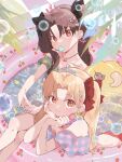  2girls alternate_costume bangs bare_shoulders black_hair black_ribbon blonde_hair candy character_doll closed_mouth collarbone commentary_request draw_happy_set dumuzid_(fate) ereshkigal_(fate) eyebrows_visible_through_hair fate/grand_order fate_(series) food hair_ornament hair_ribbon hairclip highres ishtar_(fate) jewelry lollipop long_hair looking_at_viewer mouth_hold multiple_girls necklace parted_bangs partially_submerged red_eyes red_ribbon ribbon siblings sisters sitting smile swimsuit tiara toy two_side_up wading_pool water 