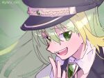  &gt;:) 1girl alina_gray black_headwear black_vest blonde_hair detached_collar doyagao eyebrows_visible_through_hair from_side gem green_background green_eyes green_gemstone green_hair hat long_hair looking_at_viewer looking_to_the_side magia_record:_mahou_shoujo_madoka_magica_gaiden magical_girl mahou_shoujo_madoka_magica multicolored_hair open_mouth paru_rari portrait puffy_short_sleeves puffy_sleeves short_sleeves signature simple_background smile smirk smug solo soul_gem sparkle straight_hair streaked_hair tsurime twitter_username two-tone_hair v-shaped_eyebrows vest white_sleeves 