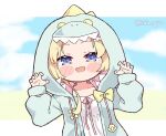  1girl :d blonde_hair blush_stickers chibi claw_pose commentary english_commentary eyebrows_visible_through_hair hololive kukie-nyan onesie open_mouth pajamas short_hair smile solo tsunomaki_watame twitter_username violet_eyes virtual_youtuber 