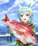  1girl absurdres alternate_costume animal_ears blue_eyes blue_hair commentary_request fish fusou_(fuso0205) hair_ornament hairclip highres horse_ears horse_girl looking_at_viewer ocean seiun_sky_(umamusume) short_hair sky solo umamusume 