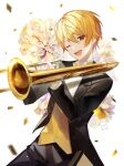  1boy :d bangs black_jacket black_pants blonde_hair buttons commentary_request confetti flower highres holding holding_instrument instrument jacket long_sleeves looking_at_viewer male_focus one_eye_closed pants project_sekai shirt smile solo tenma_tsukasa trombone tuxedo vest white_shirt wing_collar yellow_eyes yellow_flower yellow_vest yuhi_(hssh_6) 
