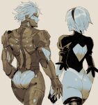  1boy 1girl armor ass back_cutout bodysuit clothing_cutout company_connection crossover facing_away from_behind gloves hairband highleg highleg_leotard highres juliet_sleeves leotard long_sleeves looking_back metal_gear_(series) monochrome nier_(series) nier_automata puffy_sleeves raiden_(metal_gear) short_hair shoulder_blades simple_background sketch skin_tight thigh-highs thighs thong_leotard tirtyturtle yorha_no._2_type_b 