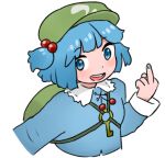  1girl bangs blue_dress blue_nails blush dress flat_cap frogsnake green_headwear hair_bobbles hair_ornament hand_up happy hat kawashiro_nitori long_sleeves looking_at_viewer lowres middle_finger nail_polish short_hair simple_background solo touhou two_side_up white_background 