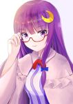  1girl adjusting_eyewear bangs bespectacled blunt_bangs blush bow breasts capelet crescent crescent_hair_ornament dress eyebrows_visible_through_hair glasses hair_ornament highres light_smile long_hair long_sleeves looking_at_viewer no_hat no_headwear otsu_oki_yuhi patchouli_knowledge purple_hair red-framed_eyewear red_bow red_ribbon ribbon solo striped teeth touhou upper_body violet_eyes white_background 