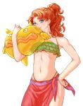 1girl arinsu_(kodamamaimai) breasts closed_mouth curly_hair dragon_quest dragon_quest_vii green_eyes high_ponytail long_hair looking_at_viewer maribel_(dq7) navel orange_hair simple_background small_breasts smile solo swimsuit white_background 