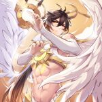  abs angel_wings antenna_hair bangs brown_hair chenzcy closed_mouth commentary cosplay feathered_wings genshin_impact hair_between_eyes highres looking_at_viewer low_ponytail male_focus muscular muscular_male orange_eyes red_eyeliner short_hair_with_long_locks venti_(genshin_impact) venti_(genshin_impact)_(cosplay) white_wings wings zhongli_(genshin_impact) 