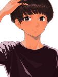  1girl androgynous bangs black_hair bowl_cut child closed_mouth dark-skinned_female dark_skin hand_in_own_hair hand_on_own_head hand_up highres looking_at_viewer obishima_yukari reten_suisei shirt short_hair simple_background solo t-shirt upper_body white_background world_trigger 