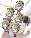  6+girls :d back bangs boots brown_footwear brown_gloves brown_headwear brown_shorts chibi closed_eyes closed_mouth confetti full_body gloves green_eyes green_hair highres holding holding_knife honkai_(series) honkai_impact_3rd knife long_hair multiple_girls multiple_persona open_mouth shorts smile spatula test_tube thigh-highs thigh_boots vill-v white_background yuuz123 