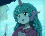  1girl :d anime_coloring blush clouds eyebrows eyebrows_visible_through_hair food green_eyes green_hair horns komano_aunn official_style open_mouth popsicle red_shirt shirt single_horn sky smile solo street_dog sweat sweatdrop touhou 