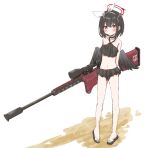  1girl anti-materiel_rifle arms_behind_back black_hair blue_archive collarbone commentary_request full_body gun highres kaki0krnt looking_at_viewer mashiro_(blue_archive) navel rifle sandals scope sniper_rifle solo swimsuit violet_eyes weapon wings 