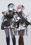  2girls arm_up assault_rifle bag bangs beret black_legwear bow chcn closed_mouth commentary_request eyebrows_visible_through_hair feet_out_of_frame girls_frontline gloves green_eyes grey_background gun h&amp;k_hk416 hair_between_eyes hair_bow hair_ornament hair_ribbon hairclip hat hexagram highres hk416_(girls&#039;_frontline) holding holding_gun holding_weapon imi_negev jacket long_hair looking_at_viewer messenger_bag military_jacket multiple_girls negev_(girls&#039;_frontline) one_eye_closed one_side_up pantyhose parted_lips pink_hair plaid plaid_skirt red_bow red_eyes ribbon rifle shoulder_bag simple_background skirt smile standing star_of_david teardrop thigh-highs weapon white_gloves white_hair white_skirt 