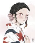  1girl alternate_hairstyle animal_print blush braid braided_bangs closed_mouth colored_tips eyelashes eyeshadow fish_print flower from_side hair_ornament hand_on_own_chest hand_up japanese_clothes kamado_nezuko kimetsu_no_yaiba kimono looking_at_viewer looking_to_the_side makeup multicolored_hair orange_hair pink_eyes pink_flower smile solo streaked_hair updo upper_body uz24 white_background 