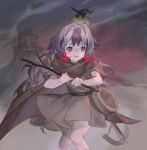  1girl animal_on_head arknights bird bird_on_head black_hair brown_cape brown_dress brown_eyes cape clouds cloudy_sky colored_tips crossbow dress feet_out_of_frame fengyin_shici_guozi grey_hair hair_intakes hat highres holding holding_stick knees_together_feet_apart long_hair multicolored_hair official_alternate_costume on_head outdoors redhead sky snowsant_(arknights) snowsant_(fated_hero)_(arknights) solo standing stick two-tone_hair witch_hat 