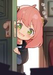  +_+ 1girl :d ahoge anya_(spy_x_family) bangs black_dress blurry blurry_foreground blush brat_(brabrabrat00) commentary_request depth_of_field door dress eyebrows_visible_through_hair green_eyes highres long_hair long_sleeves looking_at_viewer open_door peeking_out pink_hair smile solo spy_x_family translation_request wide_sleeves 