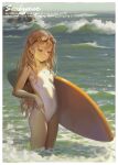  1girl absurdres alphonse_(white_datura) bangs bare_arms bare_shoulders border breasts brown_eyes brown_hair closed_mouth commentary competition_swimsuit day english_text goggles goggles_on_head highres long_hair looking_down ocean one-piece_swimsuit original photoshop_(medium) revision small_breasts smile solo sunlight surfboard swimsuit thighs very_long_hair wading water waves white_border white_swimsuit 