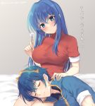  1boy 1girl awayuki_ramika bed blue_eyes blue_hair blue_shirt blush breasts caeda_(fire_emblem) closed_eyes closed_mouth couple dress earrings fire_emblem fire_emblem:_mystery_of_the_emblem jewelry lap_pillow large_breasts long_hair looking_at_viewer marth_(fire_emblem) on_bed red_dress shirt short_sleeves simple_background sitting sitting_on_bed sleeping smile tiara tight translation_request twitter_username 