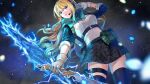  1girl apex_legends ash_(titanfall_2) black_background black_legwear black_skirt blonde_hair blue_eyes blue_hair breasts commentary_request commission cowboy_shot eyebrows_visible_through_hair gloves gradient_hair highres holding holding_weapon indie_virtual_youtuber long_hair looking_at_viewer ma_x622 medium_breasts multicolored_hair portal_(object) pouch second-party_source skirt solo thigh-highs virtual_youtuber weapon zeta_(vtuber) 