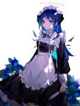  1girl absurdres alternate_costume apron arknights black_dress black_ribbon blue_eyes blue_flower blue_hair dagger demon_horns detached_wings dress energy_wings enmaided flower halo highres holding holding_dagger holding_weapon horns knife long_hair maid maid_headdress mostima_(arknights) neck_ribbon parted_lips ribbon simple_background solo weapon white_apron white_background wings yingyingyingtazhide 