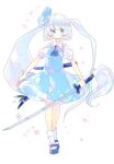  1girl alternate_color ascot blue_ascot blue_eyes blue_footwear blue_ribbon blue_skirt blue_vest bob_cut bobby_socks cherry_blossoms collared_shirt commentary full_body hair_ribbon highres holding holding_sword holding_weapon katana konpaku_youmu konpaku_youmu_(ghost) leaf looking_at_viewer mary_janes nikorashi-ka petals puffy_short_sleeves puffy_sleeves ribbon shirt shoes short_hair short_sleeves skirt skirt_set socks solo sword touhou vest wakizashi weapon white_hair white_shirt 