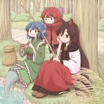  3girls animal_ears bangs blue_eyes blue_hair bow brooch brown_footwear brown_hair cloak closed_mouth dress drill_locks eating eyebrows_visible_through_hair fishing fishing_rod forest full_body grass_root_youkai_network green_kimono hair_bow head_fins imaizumi_kagerou japanese_clothes jewelry kimono long_hair lowres mermaid monster_girl multiple_girls nature outdoors poronegi purple_bow red_dress red_eyes redhead sekibanki short_hair sitting smile standing sweatdrop touhou tree two-tone_dress v-shaped_eyebrows wakasagihime white_dress wolf_ears 