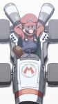  1boy arms_behind_head banel_springer blue_eyes blue_overalls brown_footwear brown_hair closed_mouth crossed_legs facial_hair from_above full_body ground_vehicle highres long_sleeves looking_at_viewer male_focus mario mario_kart mustache overalls red_headwear red_shirt shirt short_hair smile smug solo super_mario_bros. 