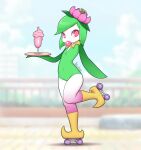  1girl blurry blurry_background bubble_blowing chewing_gum covered_navel depth_of_field full_body green_hair green_leotard highres hisuian_lilligant holding holding_tray kionant leotard lilligant looking_at_viewer pink_eyes pokemon pokemon_(creature) roller_skates signature skates solo standing standing_on_one_leg tray 