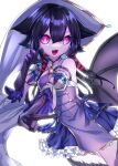  1girl :3 black_hair black_sclera black_skin blue_hair bright_pupils claw_pose colored_inner_hair colored_sclera colored_skin cowboy_shot demon_wings detached_sleeves dress fangs fingernails frilled_dress frills hair_between_eyes hair_ears hair_ribbon long_hair looking_at_viewer monster_girl multicolored_hair multicolored_skin original outstretched_arm pink_eyes pleated_sleeves pointy_ears puffy_short_sleeves puffy_sleeves ribbon rtsusk09 sharp_fingernails short_sleeves solo stitches tress_ribbon v white_background white_pupils wings 