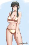  1girl arm_under_breasts bikini black_hair breasts closed_mouth commentary_request gold_bikini gold_hairband highres holding_own_arm large_breasts light_blue_background long_hair navel nekoreset13 red_eyes sidelocks simple_background solo spy_x_family stomach swimsuit thighs twitter_username yor_briar 