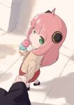  1girl absurdres anya_(spy_x_family) commentary_request food green_eyes highres ice_cream long_sleeves looking_at_viewer pink_hair pov short_hair solo_focus spy_x_family tamura-chan tongue tongue_out walking 