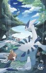  absurdres blue_sky cave clouds corsola day fish highres horsea looking_at_another looking_back lugia magikarp momota_pix nature no_humans outdoors pokemon pokemon_(creature) qwilfish red_eyes remoraid rock skarmory sky swimming tentacool underwater water waterfall weepinbell wooper 