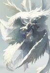  1boy absurdres angel angel_wings barefoot chinese_commentary colored_eyelashes commentary_request flying grey_eyes highres long_hair lord_of_the_mysteries multiple_wings ouroboros_(lord_of_the_mysteries) shouxianwu135 sky solo white_robe wings 