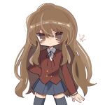  1girl :3 aisaka_taiga bangs black_legwear blazer blue_skirt brown_eyes brown_hair buttons closed_mouth collared_shirt commentary cowboy_shot double-breasted hair_between_eyes highres jacket long_hair long_sleeves looking_at_viewer neck_ribbon oohashi_high_school_uniform red_jacket red_ribbon ribbon school_uniform shirt simple_background skirt solo standing thigh-highs toradora! very_long_hair white_background white_shirt zvvvvb 