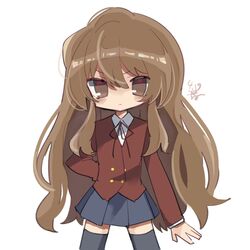  1girl :3 aisaka_taiga bangs black_legwear blazer blue_skirt brown_eyes brown_hair buttons closed_mouth collared_shirt commentary cowboy_shot double-breasted hair_between_eyes highres jacket long_hair long_sleeves looking_at_viewer neck_ribbon oohashi_high_school_uniform red_jacket red_ribbon ribbon school_uniform shirt simple_background skirt solo standing thigh-highs toradora! very_long_hair white_background white_shirt zvvvvb 