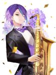  1boy black_jacket black_pants blue_hair bow bowtie closed_mouth commentary_request confetti ear_piercing flower glint highres holding holding_instrument instrument jacket kamishiro_rui looking_at_viewer male_focus multicolored_hair pants piercing project_sekai purple_bow purple_bowtie purple_flower purple_hair purple_vest saxophone shirt smile solo sparkle streaked_hair tuxedo vest white_shirt wing_collar yellow_eyes yuhi_(hssh_6) 
