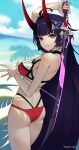  1girl artist_request ass bangs beach bikini blue_sky breasts glowing glowing_sword glowing_weapon grin highres holding holding_sword holding_weapon honkai_(series) honkai_impact_3rd horns katana long_hair looking_at_viewer open_mouth outdoors outstretched_arms purple_hair raiden_mei raiden_mei_(herrscher_of_thunder) red_bikini sand sideboob sky smile solo source_request swimsuit sword teeth violet_eyes water waves weapon 