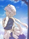  1girl blue_eyes clouds from_side highres kakera_(comona_base) leaf letty_whiterock long_sleeves looking_up scarf short_hair skirt sky solo touhou tree white_hair white_headwear 