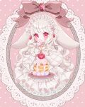  1girl :o absurdres animal_ears blonde_hair blush bow collar detached_collar eyebrows_visible_through_hair flower food fork frilled_collar frills gem hairband heart highres holding holding_fork holding_plate icing lolita_fashion lolita_hairband long_hair long_sleeves looking_to_the_side marshmallow original pancake petticoat pink_eyes plate quilted_clothes rabbit_ears rose signature solo very_long_hair wavy_hair yume_harukasumi 