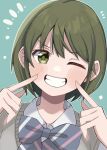  bangs blush bow bowtie commentary dot_nose eyebrows_visible_through_hair fingers_to_cheeks gakuto_96 green_background green_eyes green_hair grey_vest grin hands_up highres idolmaster idolmaster_shiny_colors index_fingers_raised looking_at_viewer nanakusa_nichika one_eye_closed purple_bow purple_bowtie shirt short_hair smile solo striped striped_bow striped_bowtie teeth v-shaped_eyebrows vest white_shirt wing_collar 