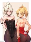  2girls abs absurdres artist_name ass black_choker black_leotard blonde_hair blush blush_stickers border choker covered_navel dark_persona deccatezu dress english_commentary fate/grand_order fate_(series) gloves green_eyes grey_choker highres leotard looking_at_viewer mordred_(fate) multiple_girls outside_border pantyhose playboy_bunny ponytail rabbit_tail red_gloves red_leotard red_scrunchie scrunchie shoulder_blades smile strapless strapless_dress tail tan_background thighs twitter_username white_border yellow_eyes 