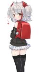  1girl :p antenna_hair azur_lane backpack bag bag_charm bangs brown_eyes charm_(object) commentary_request cross detached_sleeves eyebrows_visible_through_hair from_behind grey_hair hair_between_eyes head_tilt highres iron_cross little_prinz_eugen_(azur_lane) long_hair looking_at_viewer looking_back multicolored_hair oruk pleated_skirt randoseru sidelocks skirt solo tongue tongue_out translated two-tone_hair 