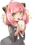  1girl ahoge anya_(spy_x_family) bangs black_dress blush_stickers commentary_request cup disposable_cup dress drinking_straw eyebrows_visible_through_hair green_eyes highres holding holding_cup long_hair long_sleeves looking_at_viewer mumu_yu_mu open_mouth pink_hair ribbon simple_background solo sparkle sparkling_eyes spy_x_family white_background white_ribbon 