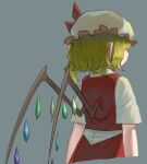  blonde_hair bow collared_shirt flandre_scarlet frogsnake from_behind hat hat_bow mob_cap multicolored_wings one_side_up red_bow red_skirt red_vest shirt short_hair short_sleeves skirt touhou upper_body vest white_headwear white_shirt wings 