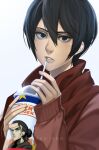  1boy 1girl 7-eleven artist_name black_eyes black_hair character_name cup drinking_straw eren_yeager hair_between_eyes hair_bun highres keiryuu_seo long_sleeves looking_at_viewer mikasa_ackerman parody philippines politics shingeki_no_kyojin star_(symbol) 