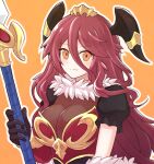  1girl bangs breasts dragalia_lost eyebrows_visible_through_hair fang hair_between_eyes holding holding_polearm holding_weapon horns large_breasts long_hair looking_at_viewer mym_(dragalia_lost) polearm puffy_short_sleeves puffy_sleeves redhead short_sleeves skin_fang smile solo suta_(clusta) upper_body weapon yellow_eyes 