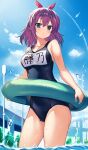  1girl blue_eyes blue_sky breasts chain-link_fence clouds contrail cowboy_shot day fence fujino_shion hatsu_inu highres innertube kurebayashi_noe large_breasts looking_at_viewer name_tag outdoors purple_hair school_swimsuit short_hair sky soaking_feet solo swimsuit water 
