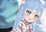  1girl bangs blue_eyes blue_hair blurry blurry_foreground blush depth_of_field drawstring eyebrows_visible_through_hair hololive hololive_indonesia kobo_kanaeru long_hair looking_away mugino0515 multicolored_hair open_mouth simple_background smile solo streaked_hair teeth upper_teeth virtual_youtuber white_background white_hair 