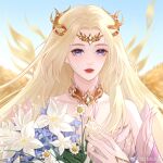 1girl absurdres bare_shoulders bibi_dong_zhuye blonde_hair blue_sky bouquet douluo_dalu dress hair_ornament hand_on_own_chest highres long_hair mother&#039;s_day qian_renxue_(douluo_dalu) sky solo upper_body white_dress yellow_wings 
