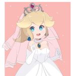  1girl alpha_transparency blonde_hair blue_eyes brooch chocomiru choker collarbone crown dress earrings elbow_gloves english_commentary eyes_visible_through_hair flower gloves jewelry long_hair looking_to_the_side ponytail princess_peach solo strapless strapless_dress super_mario_bros. super_mario_odyssey tiara transparent_background upper_body veil wedding_dress white_choker white_dress white_gloves 