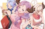  3girls ^_^ alicia_(granblue_fantasy) animal_ears ankh artist_request bag bare_shoulders blue_eyes blue_hair braid brown_eyes casual clenched_hand closed_eyes cow_ears draph dress earrings eyebrows_visible_through_hair glasses granblue_fantasy hair_intakes hair_ornament hairclip horns jewelry laruna_(granblue_fantasy) long_hair mature_female mother&#039;s_day multicolored_hair multiple_girls musical_note necklace official_art open_mouth pink_hair pointy_ears ribbed_dress shatola&#039;s_mother_(granblue_fantasy) shawl shopping_bag short_hair single_braid smile sparkle spoken_musical_note streaked_hair turtleneck white_hair 